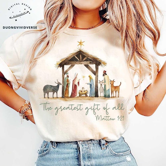 Greatest Gift of All Christmas, Nativity Bow PNG, Hand-Drawn Manger Scene with Coquette Style, Mattew 1:21, Christmas Bow