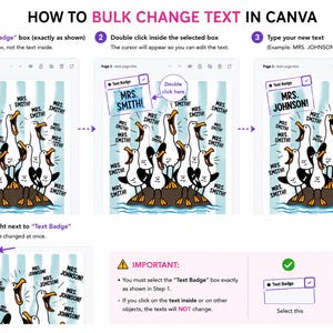 May include: A Canva tutorial demonstrating how to bulk change text. The image shows a sequence of steps, including selecting a text box, double-clicking, and typing new text. The guide uses cartoon ducks and speech bubbles to illustrate the process.