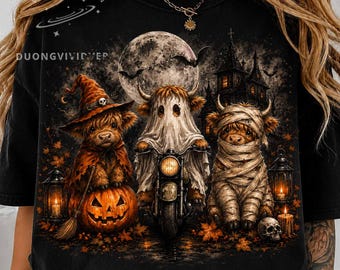Camiseta de Halloween con diseño de vaca de las Tierras Altas, camiseta de disfraz de vaca espeluznante, camiseta de vaca momia con bruja y fantasma, camiseta gráfica de Halloween con calabaza adorable, regalo para amantes de las vacas en otoño.
