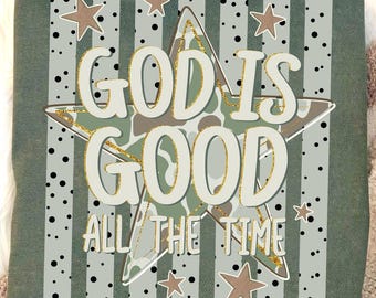 Preppy Camo God Is Good PNG, Christian Striped Stars Design, Cute Bible Verse, Hand Drawn Faith Graphic, Checkered Dots Sublimation