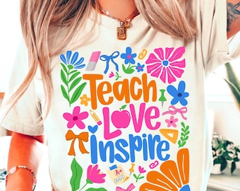 Coquette Bow Teach Love Inspire PNG, Boho Floral Teacher PNG, Retro Teacher Gift, Sublimation Design, Back to School PNG