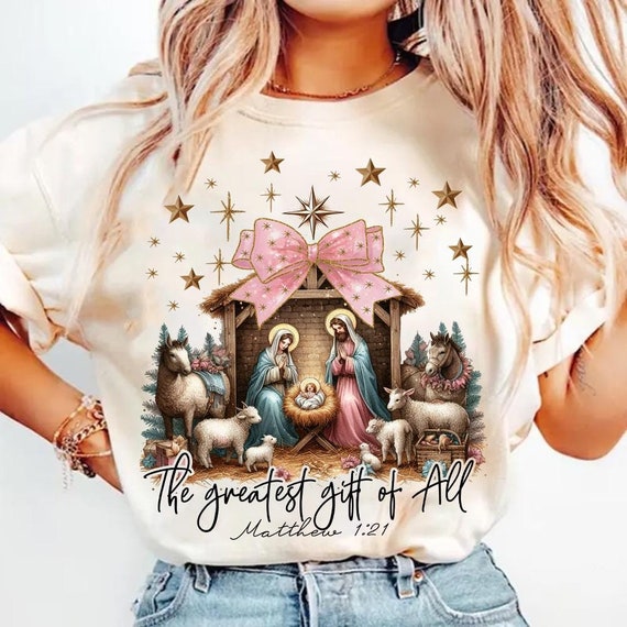 Greatest Gift of All Christmas Nativity Bow PNG, Hand-Drawn Manger Scene with Coquette Style, Sublimation Design for Festive Decor