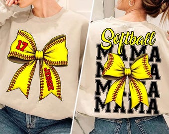 Custom Softball Bow Png, Softball Mom Shirt With Kids Name & Jersey Number Png, Game Day Png, Softball Coquette, Softball Mama Png