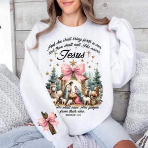 Coquette Jesus Christmas PNG, She Shall Bring Forth a Son PNG, O Come Let Us Adore Him, Nativity Scene PNG, Coquette Bow png