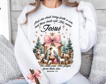 Coquette Jesus Christmas PNG, She Shall Bring Forth a Son PNG, O Come Let Us Adore Him, Nativity Scene PNG, Coquette Bow png