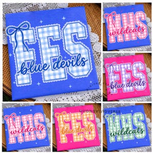May include: A collection of six square fabric patches featuring varsity-style block letters with a gingham pattern and lace trim. The designs include text such as FES blue devils and MHS wildcats, accented with small star shapes and a bow graphic.