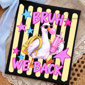 May include: A rectangular graphic print featuring a white duck wearing black sunglasses and a yellow backpack, holding a pink tumbler and blowing a pink bubble. The background has black and yellow vertical stripes with pink and blue stars.