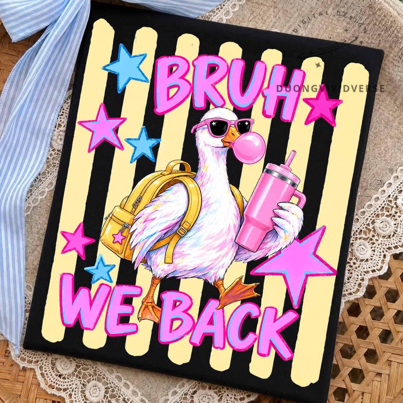 May include: A rectangular graphic print featuring a white duck wearing black sunglasses and a yellow backpack, holding a pink tumbler and blowing a pink bubble. The background has black and yellow vertical stripes with pink and blue stars.