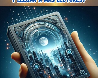May include: A futuristic-looking book with a city skyline inside. The book is held in a hand against a blue background with red and white lines. The text on the book reads "Marketing para autores ¿Cómo promover tu E-book y llegar a más lectores?" and "K-Pi Editorial".