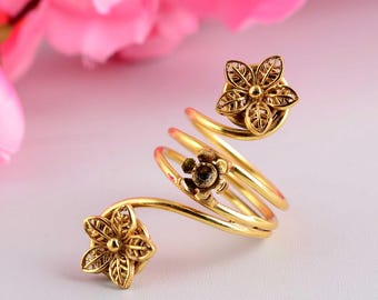 Handcrafted Gold Floral Adjustable Wrap Ring | Elegant Flower Design Spiral Ring | Boho Statement Jewelry for Women | Unique Gift for Her.