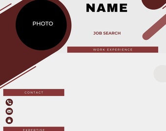May include: A white resume template with a brown circle for a photo, the words "PHOTO" in the circle, and the word "NAME" in large, bold, black letters at the top of the page. The template includes sections for "JOB SEARCH", "WORK EXPERIENCE", "CONTACT", "EXPERTISE", "EDUCATION", and "LANGUAGE".