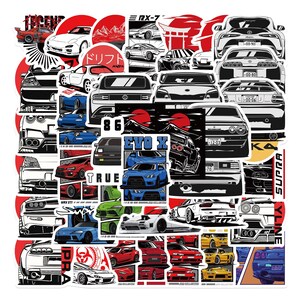 May include: A collection of colourful car stickers featuring various makes and models, including a red Mazda RX-7, a white Subaru Impreza WRX STI, a blue Mitsubishi Lancer Evolution, and a black Nissan Skyline. The stickers feature Japanese text, including "Drift" and "Evo X".