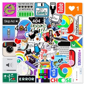 May include: A collection of colourful stickers featuring various internet-related themes, including error messages, social media icons, and internet browsers. The stickers are arranged in a chaotic and playful manner, creating a vibrant and eye-catching design.