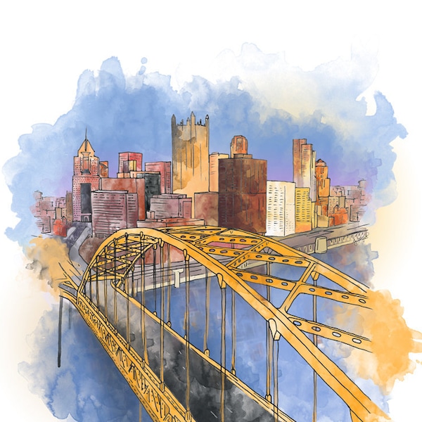 Fort Pitt Bridge and Downtown Pittsburgh II - Ink and Watercolor Drawing