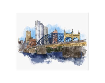 Smithfield Street Bridge - Pittsburgh - Ink and Watercolor Print