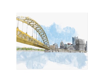 Fort Pitt Bridge and Downtown Pittsburgh - Ink and Watercolor Print