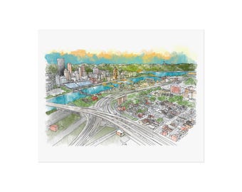 Pittsburgh Aerial III Ink and Watercolor Print