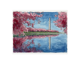 Washington DC - Washington Monument - Kirschblüten - Druck mit Tusche und Aquarell