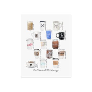 May include: Watercolor illustration of various coffee cups and mugs from different coffee shops in Pittsburgh. The image includes cups from Tonic Coffee, Redhawk Coffee, and others, with the text "Coffees of Pittsburgh" at the bottom.