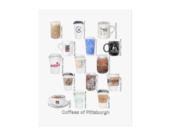 Coffees of Pittsburgh - Ink and Watercolor Print