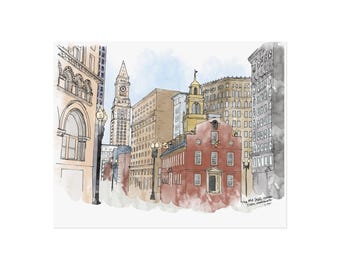 The Old State House - Boston, MA - Ink and Watercolor Print