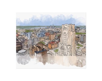 University of Pittsburgh Campus - Ink and Watercolor Print