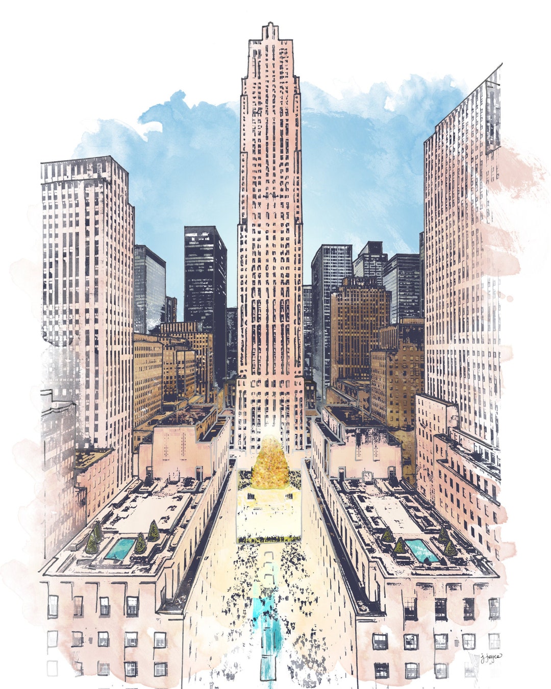 Rockefeller Center Ink and Watercolor Drawing Etsy
