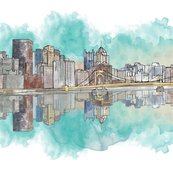 Pittsburgh Sunset Ink and Watercolor Drawing