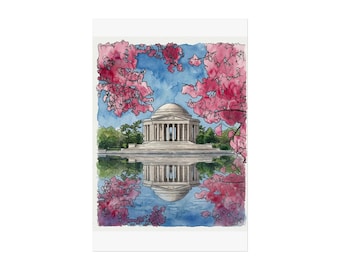 Washington DC - Jefferson Memorial - Cherry Blossoms - Ink and Watercolor Print
