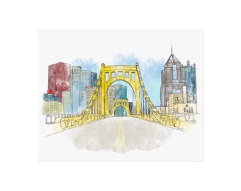 Roberto Clemente Bridge, Pittsburgh  - Ink and Watercolor Poster