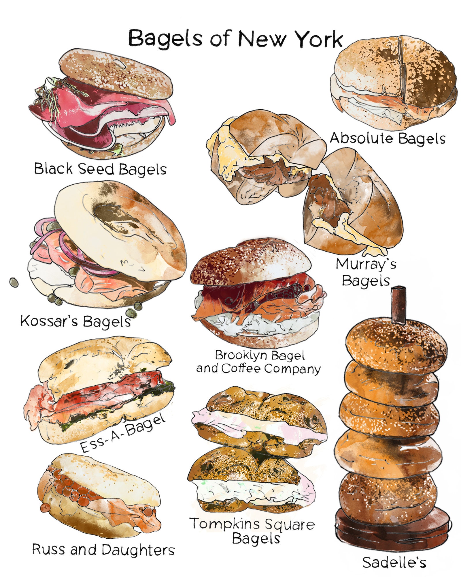Bagels Of New York Ink And Watercolor Drawing Etsy