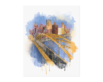 Fort Pitt Bridge and Downtown Pittsburgh II - Ink and Watercolor Print