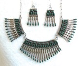 Rare Vintage Signed Native American Zuni Needlepoint Sterling And Malachite Necklace And Earring Suite