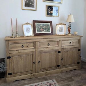 Sideboard - Antique Solid Wood Sideboard With Natural Finish | Vintage Storage Cabinet for Dining Room & Entryway Decor