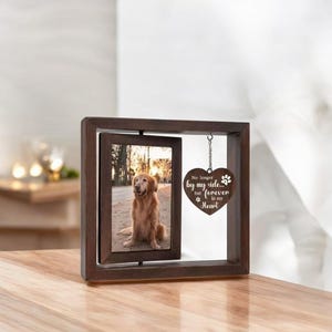 Puede incluir: Un marco de fotos de madera marrón con una foto de un golden retriever en un parque. Un dije de corazón de madera cuelga del marco con el texto "No longer by my side... but forever in my Heart" y una huella de pata.