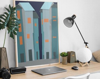 Könnte beinhalten: Ein gerahmter Druck einer geometrischen Stadtlandschaft mit drei Gebäuden in Blautönen und Grün. Die Gebäude haben orangefarbene Fenster und stehen vor einem dunkelblauen Hintergrund.