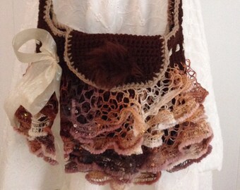 Purse Handbag - Large Bag Style in Brown Tones with Ruffles all Around - 12"W x 9"H x 2"D