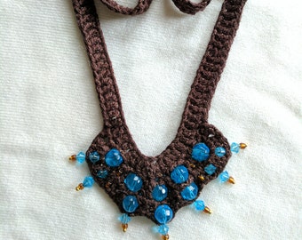 Crocheted Necklace - Metallic Brown w Blue Glass Beads