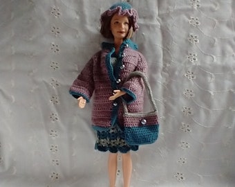 Fashion Doll 5pc Outfit - Blue Grey Rose Pink w Jacket Skirt Top Hat and Handbag fits 11" thick body Grandma or Plus Size Barbie Dolls