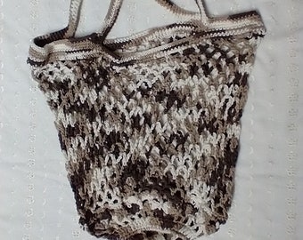 Large Market Bag Hand Crocheted 100% Cotton w Fancy Flower Bottom in Shades of DARK BROWN & CREAM  16" x 20" approx