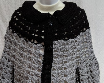 Vintage Style Crocheted Cape in Black & Gray - one size fits most