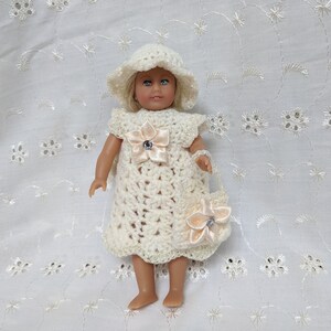 Shimmering Cream 3pc Crocheted Doll Dress Handbag & Hat Set fits 6" MINI Am Girl Dolls