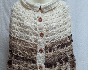 Vintage Style Crocheted Cape in Cream Tan & Brown - one size fits most