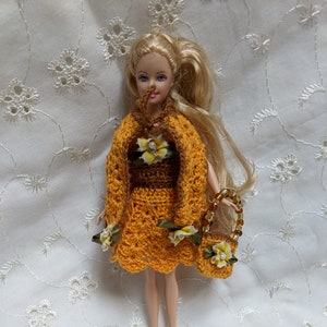 3pc Dress Cape & Handbag Crocheted in Orange and Brown fits 6&quot; Mini Barbie and Dawn Dolls  #9