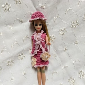 4pc Skirt Vest Hat & Handbag Crocheted in Pink fits 6&quot; Mini Barbie and Dawn Dolls  #7