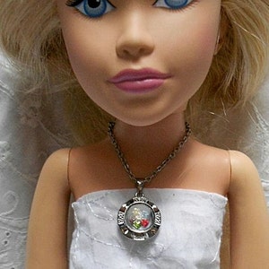 Doll Jewelry - Silver-tone Chain 4&quot; Necklace with a Rhinestone Pendant - Fits LARGE size dolls  #11