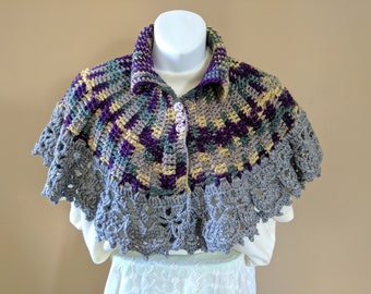 Purple & Gray Crocheted Shawl Cape with Lace Trim - one size fits most