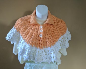 Lovely Crocheted Shawl Cape in Soft Orange with White Lace Trim - one size fits most