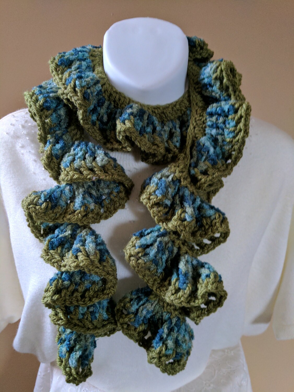 Ruffled Fancy Scarf Crocheted in Pretty GREEN Yarns Wear a Etsy