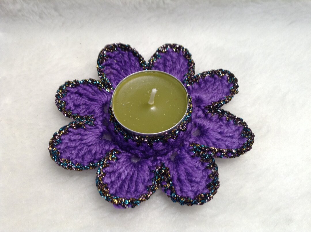 Purple Flower Shaped Tealight Candle Holder With Black Metallic Trim 4